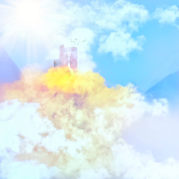 一座城堡坐落在云层中的一座巨大的山上图片下载