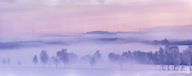 雾蒙蒙的天空下，雪山和树木的全景照片图片下载