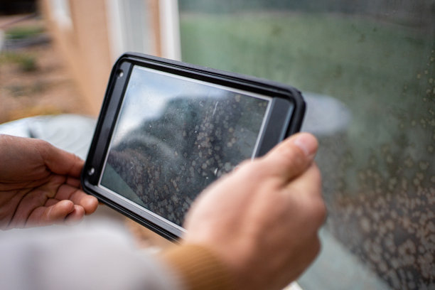 年轻男性物业检查员正在拍摄一扇漏水的落地窗，窗户内部有霉菌图片下载