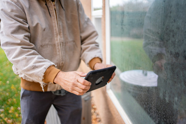 年轻男性物业检查员正在拍摄一扇漏水的落地窗，窗户内部有霉菌图片下载