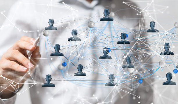 三维渲染团队沟通和抽象的社交网络连接符号男性手指向图片下载