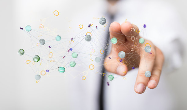 网络图形与点和线与人的手触摸它从背景图片下载