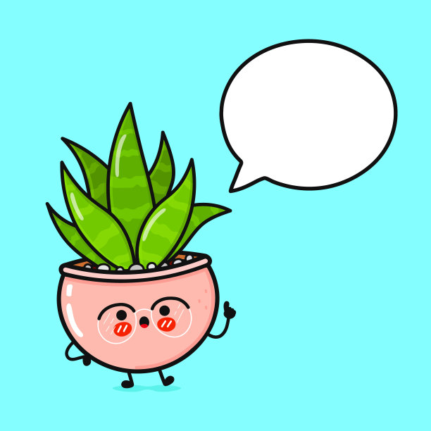 可爱有趣的室内植物与语音泡泡。矢量手绘卡通卡哇伊人物插图图标。孤立在蓝色背景上。室内植物特征概念图片下载