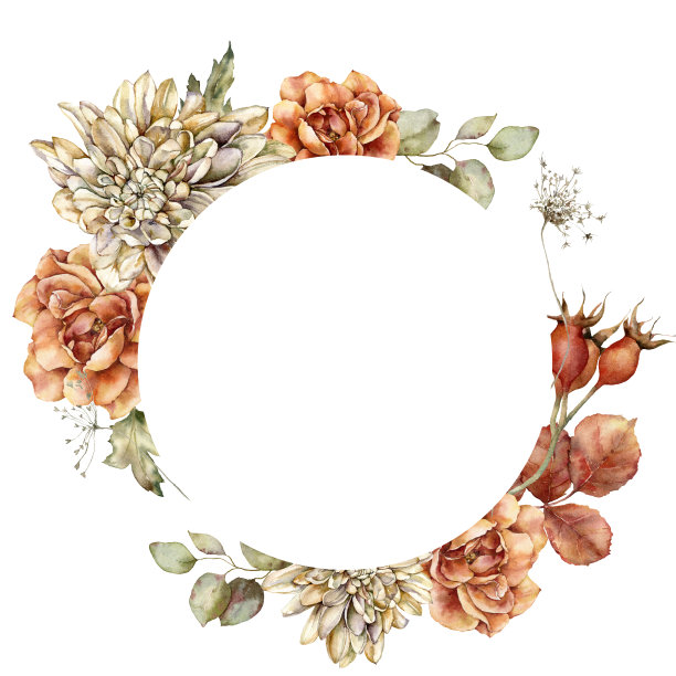 水彩画秋圈框大丽花，玫瑰和叶子。手绘草地花朵孤立的白色背景。花卉野生插图的设计，印刷，织物或背景。图片下载