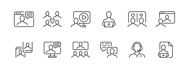 员工设置图标。工作流，全球，代表，星球，在线会议，下属，层次结构，媒体，反馈，网站。经营理念。矢量黑线图标在白色背景图片下载