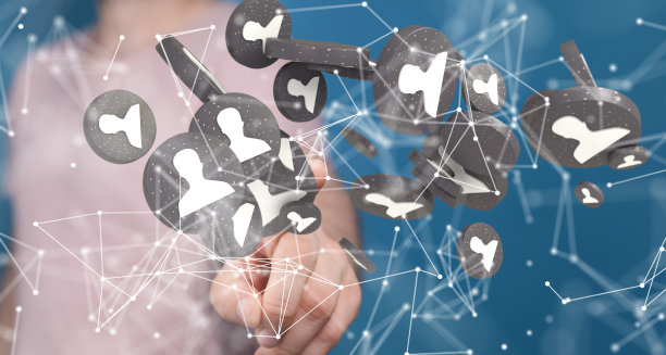 三维渲染人类图标与手敲击它从背后的互联网通信概念图片下载