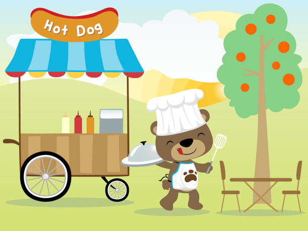 卡通热狗车与可爱的熊在自然背景图片下载