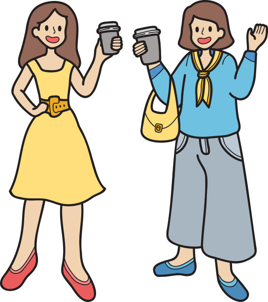 手绘女子拿着咖啡站着说话的插图图片下载