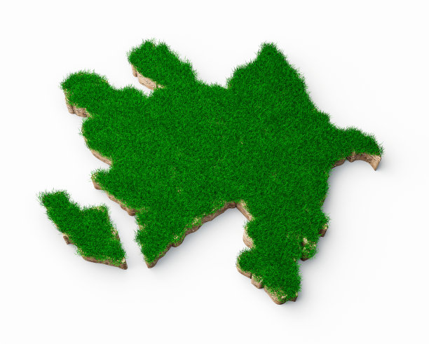 三维渲染的阿塞拜疆地图土壤土地地质横截面与绿色的草在白色背景图片下载