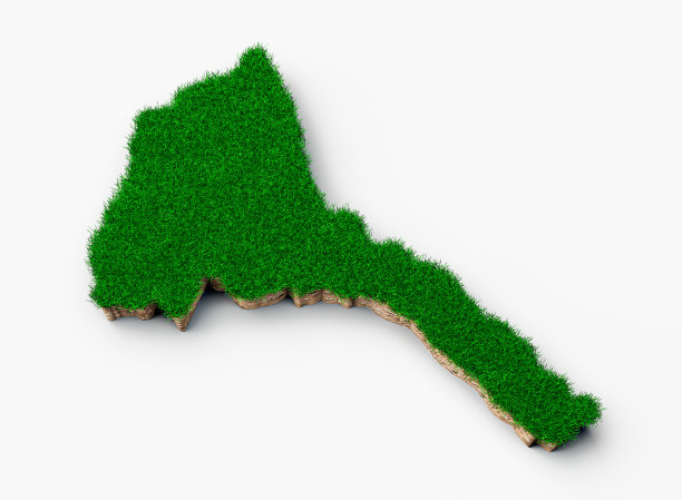 厄立特里亚地图的地质模型的三维渲染与绿色的草在纯白色背景图片下载