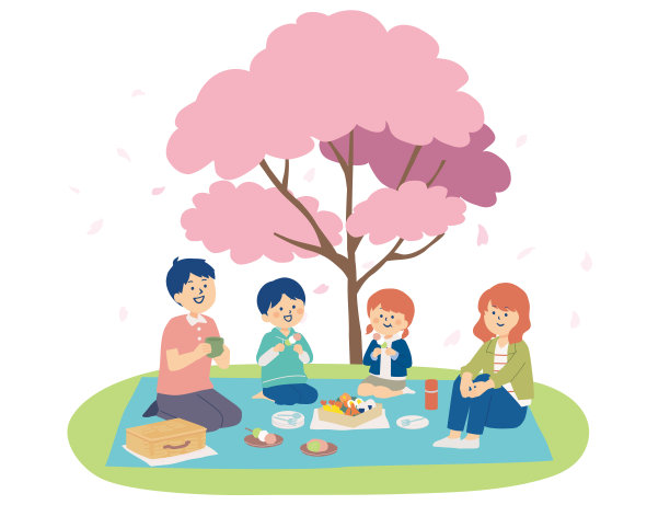 一家人观赏樱花的插图图片下载