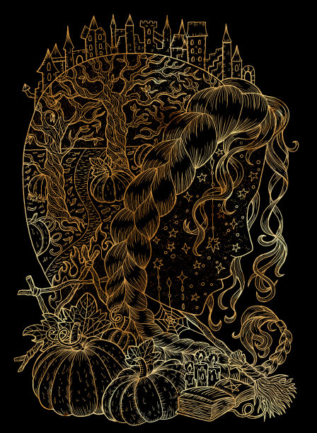 神秘主义风格的插图与剪影女巫头，南瓜，神秘，神秘和哥特式符号反对黑色背景，万圣节的概念图片下载