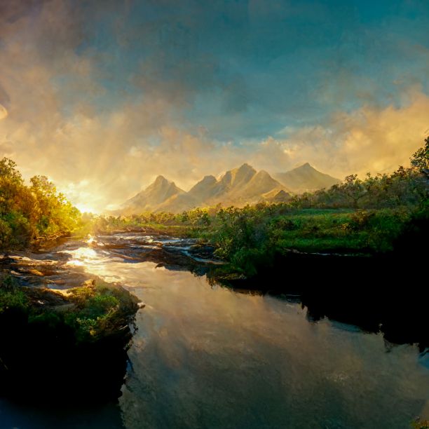 夕阳下的绿意盎然的河景图片下载