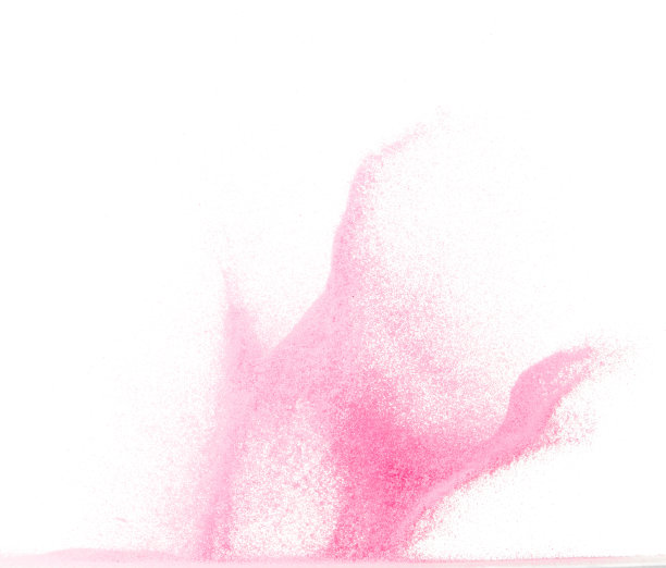 小粒粉沙飞扬爆炸，甜粒沙粒波浪爆炸。抽象的云飞。粉红色的沙子飞溅在空气中。白色背景隔离高速快门，抛出冻结停止图片下载