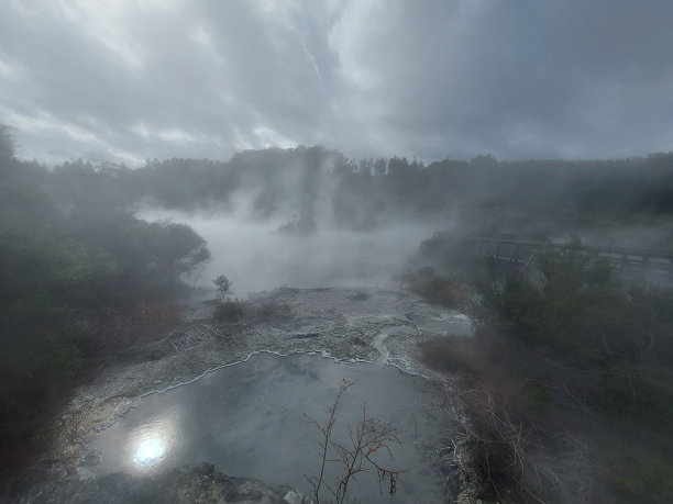 Whakarewarewa村内的火山景观和地热小径图片下载