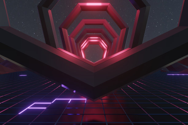 3d渲染，发光的线条，隧道，霓虹灯，虚拟现实，抽象背景，方形门户，拱门，粉蓝色光谱鲜艳的颜色，激光显示图片下载