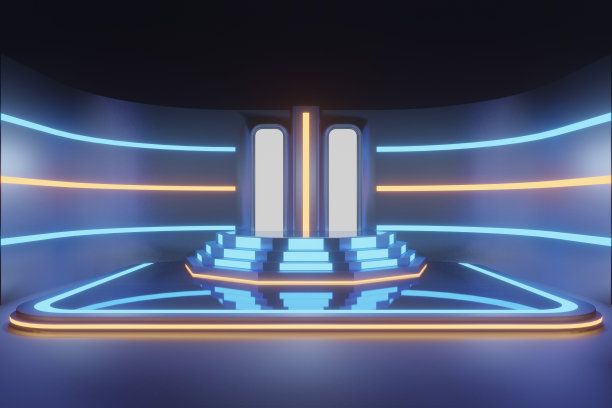 3d渲染，发光的线条，隧道，霓虹灯，虚拟现实，抽象背景，方形门户，拱门，粉蓝色光谱鲜艳的颜色，激光显示图片下载