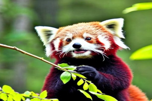 一只可爱的小熊猫正在吃树叶图片下载