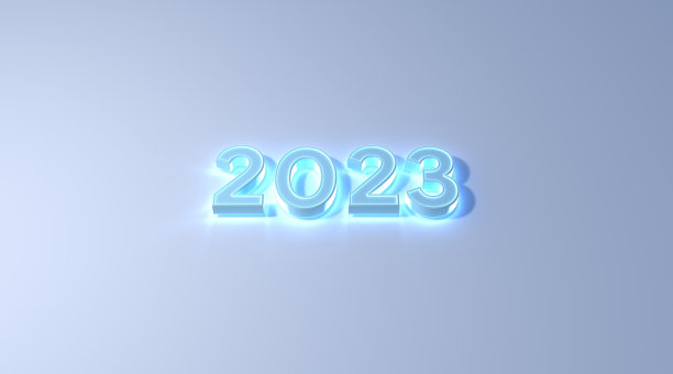 2023年新年蓝色霓虹灯效果在白底3d插图渲染。新年快乐概念图片下载