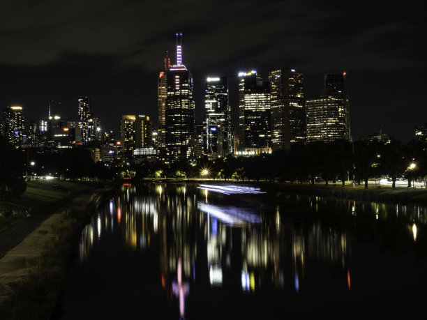 夜晚的城市天际线和河流图片下载