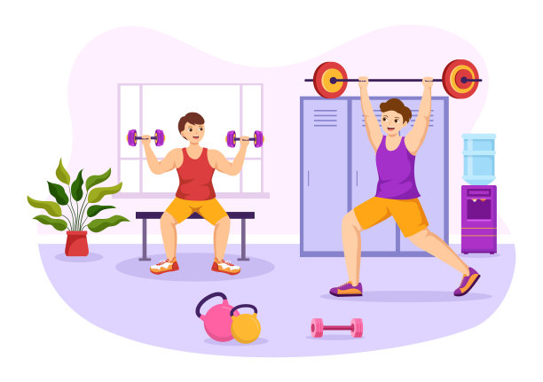 举重运动插图与运动员举起一个沉重的杠铃，健身器材和健美运动员训练在平面卡通手绘模板图片下载