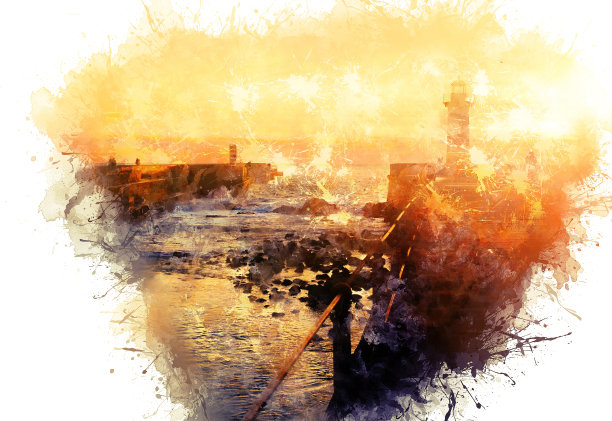 水彩画、插图。日落时分，葡萄牙波尔图大西洋岸边的Felgueiras灯塔图片下载