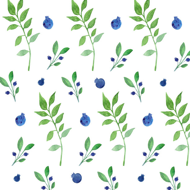 水彩无缝手绘花卉图案与抽象的蓝色浆果和绿叶图片下载
