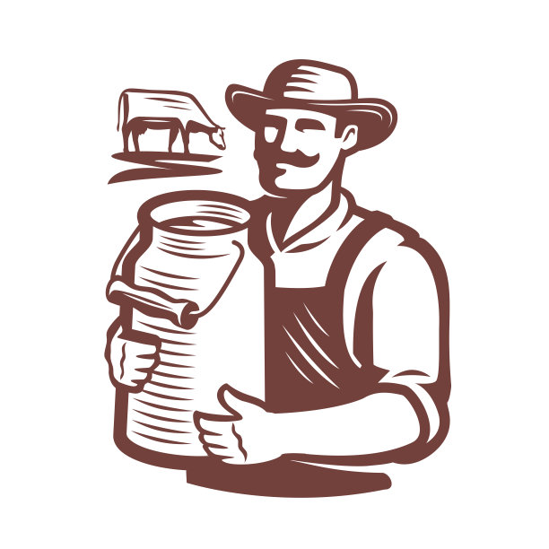 快乐的农民拿着一罐新鲜的牛奶，靠近吃草的奶牛。奶牛场，奶牛场的标志或标志。饮食概念图片下载