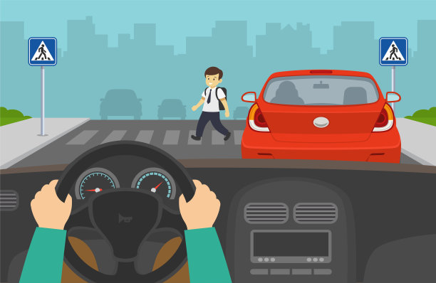 隐藏在人行横道的行人男孩，没有信号。道路安全规则。图片下载