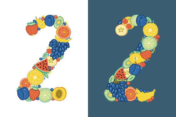 数字2由颜色鲜艳的水果和浆果组成。不同的两张，一张在白色背景上，另一张在深蓝色背景上。图片下载