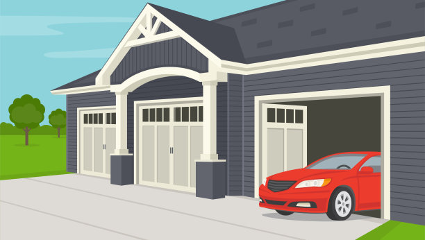 红色轿车停在木制车库内，车门敞开。离开车库。图片下载