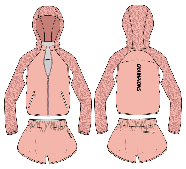 女子贝壳套装连帽衫与trail run短和无袖夹克设计平面素描插图，连帽夹克与前后视图，冬季夹克的女孩和妇女。图片下载