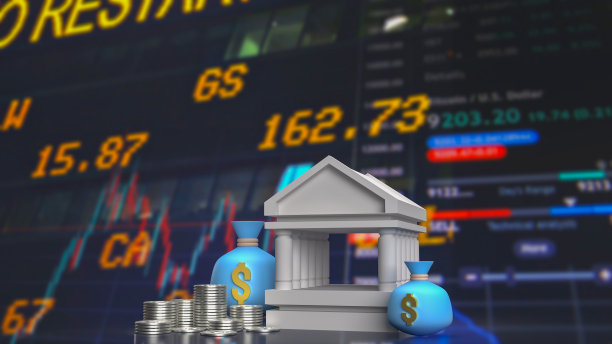 图表背景上的钱袋和银行大楼3D渲染，商业概念图片下载