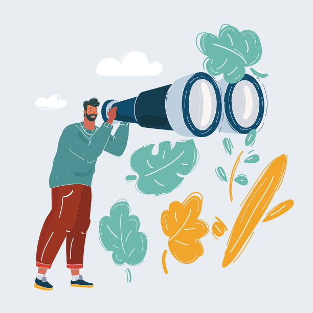 年轻男子在白色背景下通过双筒望远镜观察图片下载