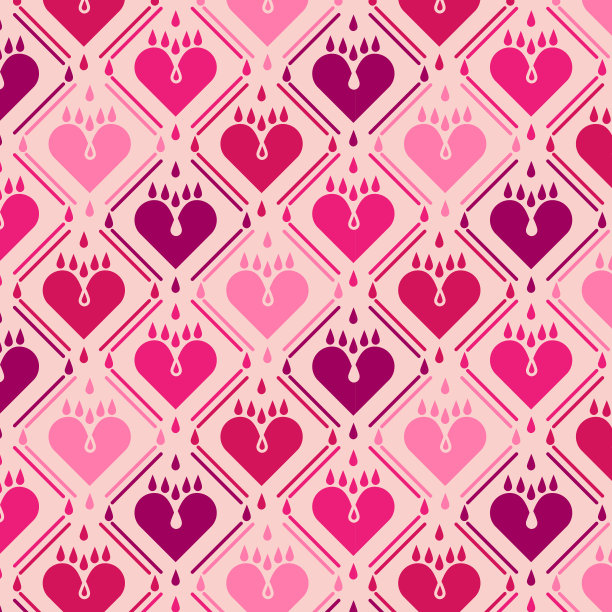 重复的心形、圆点和手写Love字样浪漫无缝图案矢量插画图片下载