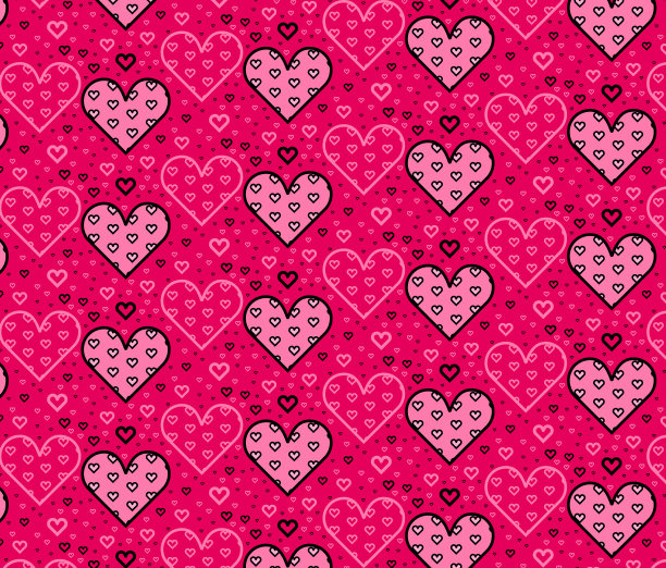手绘彩色矢量无缝背景图案与心。鲜红色背景的包装纸，贺卡，海报，邀请，婚礼和情人卡。图片下载