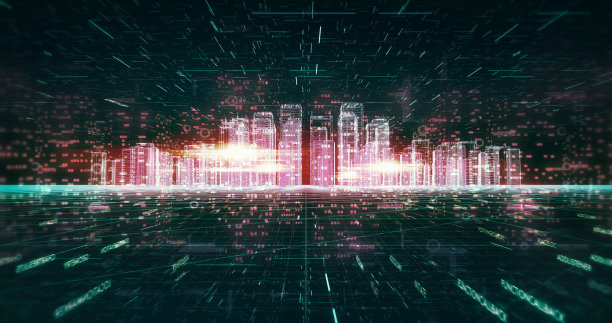 空中城市飞行动画。带有数字数字的3D未来主义摩天大楼图片下载