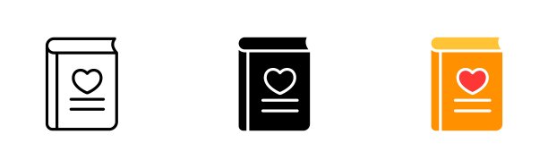 书与心形图标。爱情，破碎的心，情人节，乳制品，周年纪念，行星。关系的概念。矢量图标在直线，黑色和彩色风格的白色背景图片下载