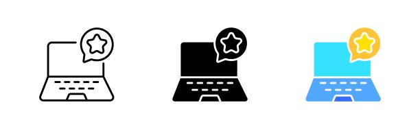 笔记本电脑的星型图标。演讲泡，写评论，反应，评论，评价服务社交媒体，反馈，用户。矢量图标在直线，黑色和彩色风格的白色背景图片下载