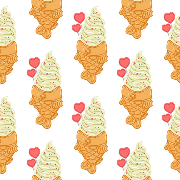 天衣无缝的图案与太烧鱼形冰淇淋筒卡通平面风格。手绘矢量背景与传统的日本食物，甜食，甜点图片下载