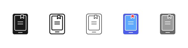电子书与书签设置图标。电子，笔记，书签，阅读清单，马克笔，图书馆，教育，文本，文学，作家。读者的概念。矢量五个图标在不同的风格上的白色背景图片下载