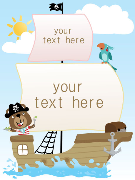 有趣的熊卡通海盗服装上的帆船，框架边界模板矢量插图图片下载