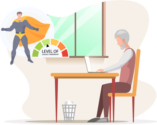 年长的男性角色坐在桌前，拿着笔记本电脑。高级人员使用小工具，在电脑上工作图片下载