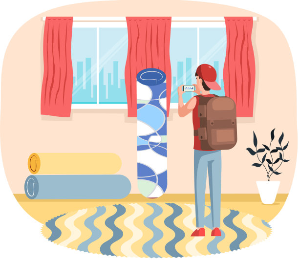 室内设计的概念。男子拍摄房间站在滚动的地毯在家里在卧室图片下载