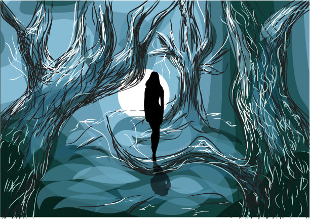 在黑暗的公园里散步的女人图片下载