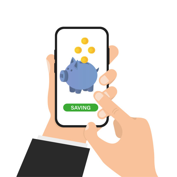 一只手拿着一个手机，上面有一个存钱罐，金币可以掉进去，还有一个保存键。矢量图图片下载
