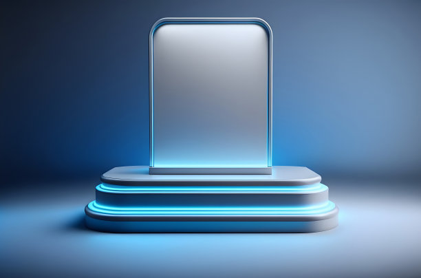 金属铬蓝讲台，反射，霓虹灯玻璃，几何形状，未来主义，柔和的颜色。美容产品的陈列柜。三维渲染图片下载