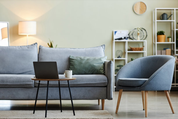 舒适的客厅内部与笔记本电脑图片下载