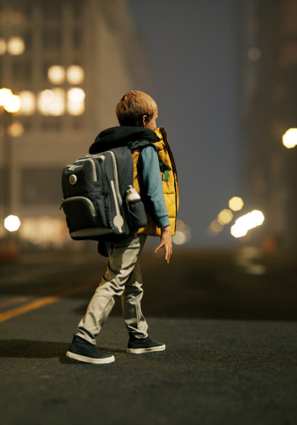 孤独的小男孩背着背包在夜晚穿过城市的街道。3 d渲染。图片下载