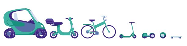 租赁服务的电动交通图标。城市交通。汽车或滑板车。替代能源。环保汽车。陀螺和自行车。矢量生态城市车辆集图片下载